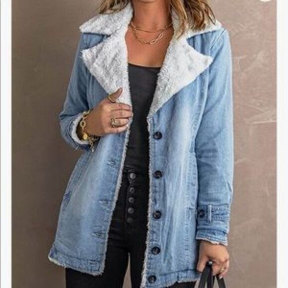 NEW Denim Fur Lined Lapel Coat - Picture 4 of 11